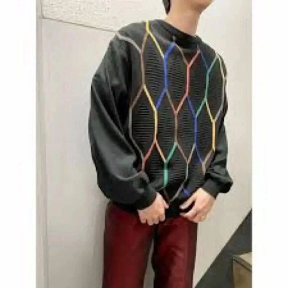 Men’s vintage St. Croix shop black Rainbow Print Pullover sweater size large - Picture 1 of 8